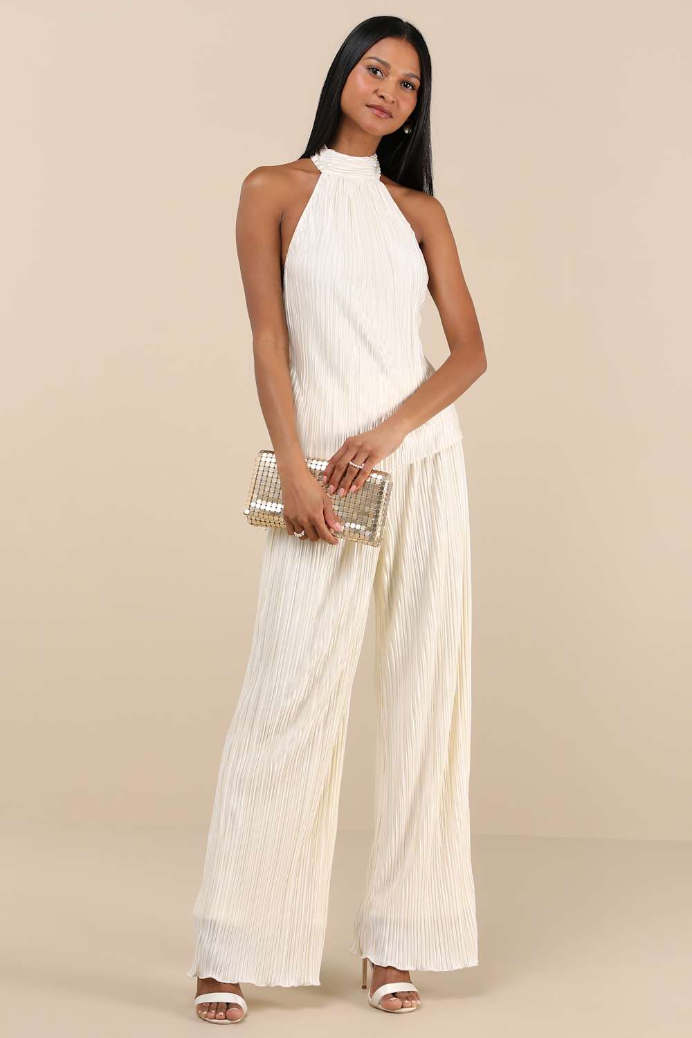 Lenni Cream Plisse Backless Two-Piece Jumpsuit