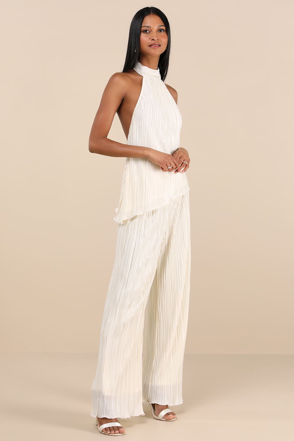 Lenni Cream Plisse Backless Two-Piece Jumpsuit