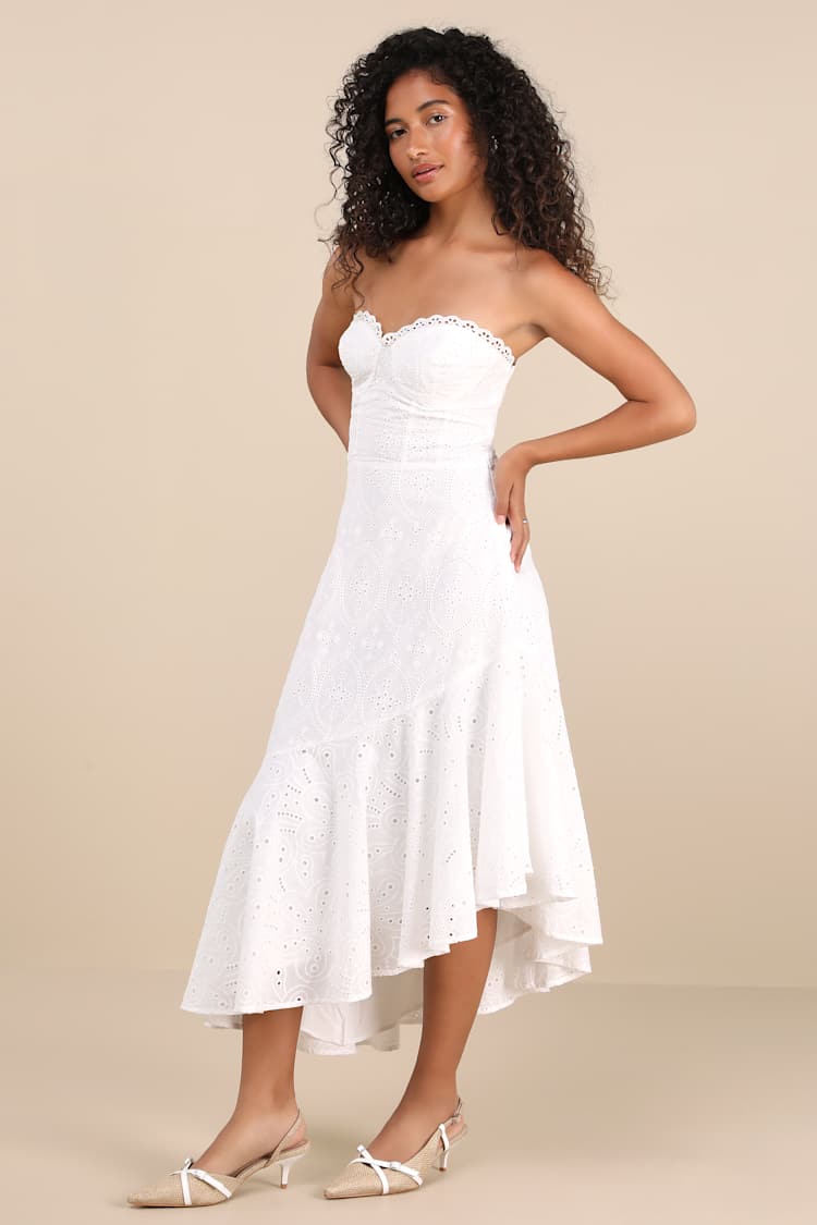 Andreia White Eyelet Bustier Asymmetrical Midi Dress