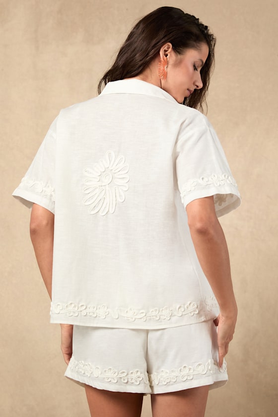 Ines White Linen Embroidered Swim Cover-Up Top 1