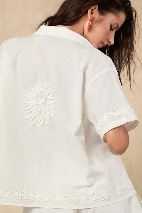 SNDYS Ines Shirt - White Linen Top - Short Sleeve Cover-Up Top - Image 4