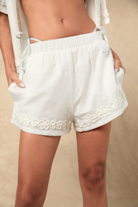 Ines White Linen Embroidered Swim Cover-Up Shorts 1