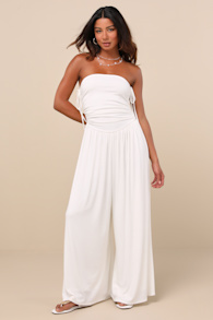 Halloran White Pointelle Strapless Wide-Leg Jumpsuit 1