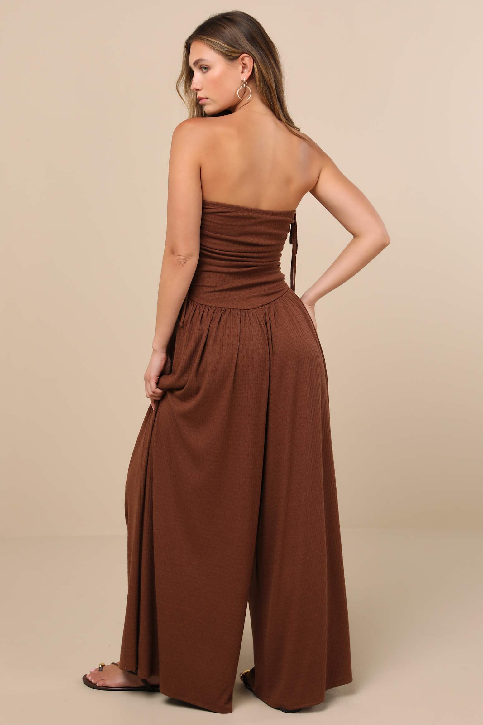 Halloran Chocolate Brown Pointelle Strapless Wide-Leg Jumpsuit