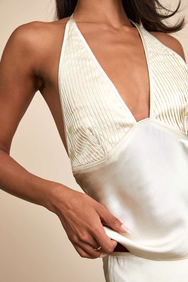 Devon Ivory Satin Pleated Halter Top