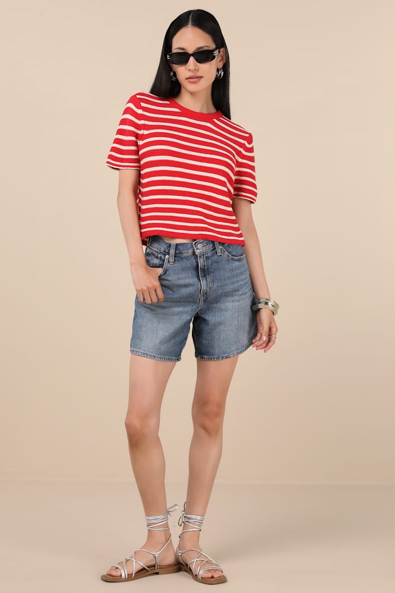 Keaten Red Striped Short Sleeve Sweater Top