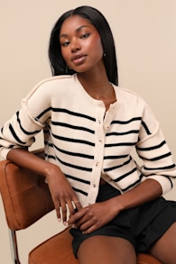 Mika Beige and Black Striped Button-Up Cardigan 1