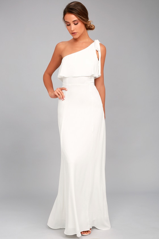 one shoulder white long dress