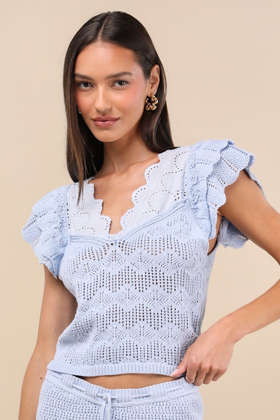 Caroline Light Blue Crochet Knit Flutter Sleeve Top 1