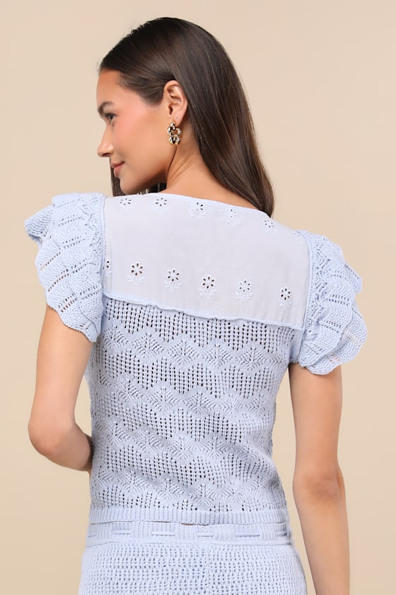 Caroline Light Blue Crochet Knit Flutter Sleeve Top 2