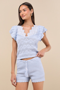 Caroline Light Blue Crochet Knit Shorts 1