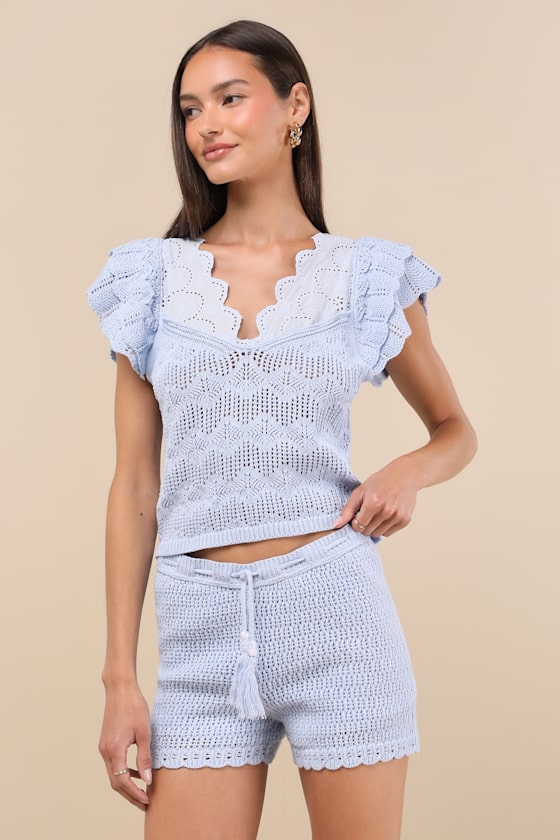 Caroline Light Blue Crochet Knit Shorts 1