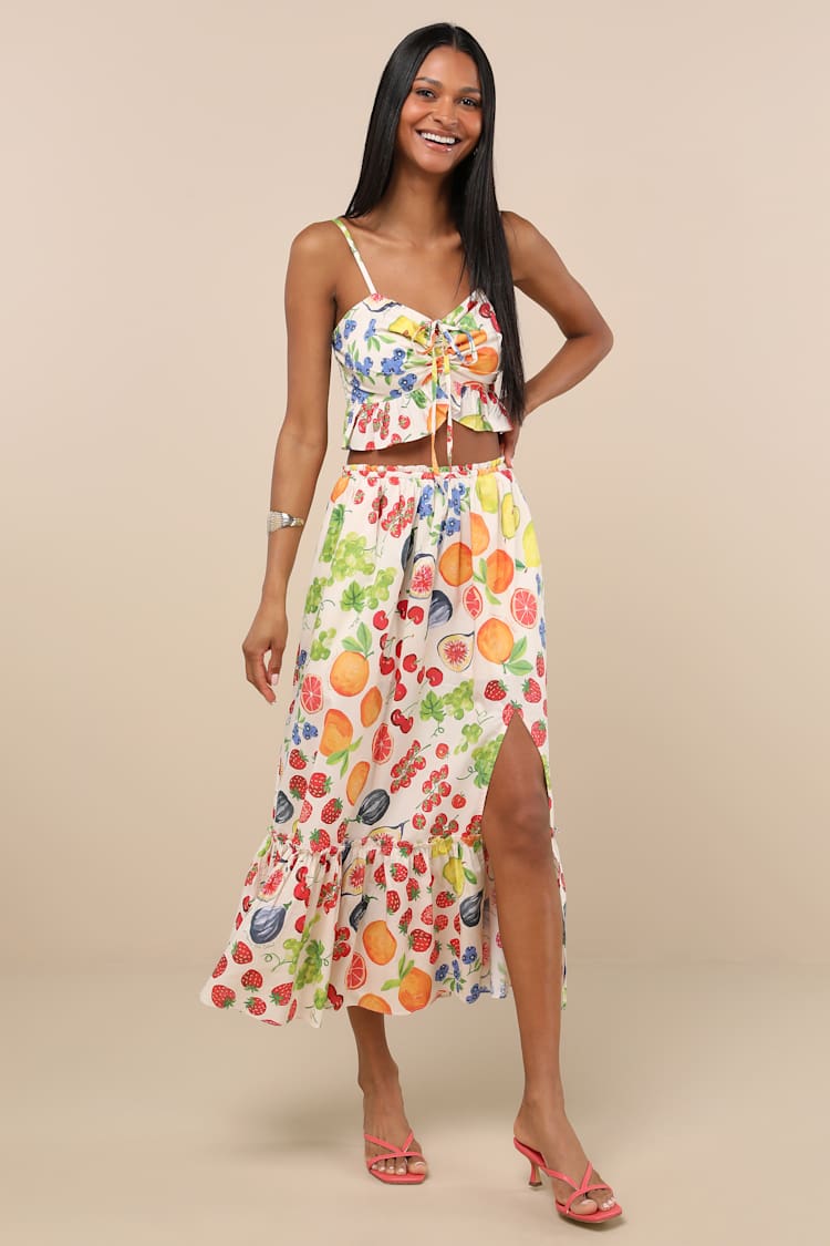 Mirabelle White Multi Fruit Print Tiered Midi Skirt