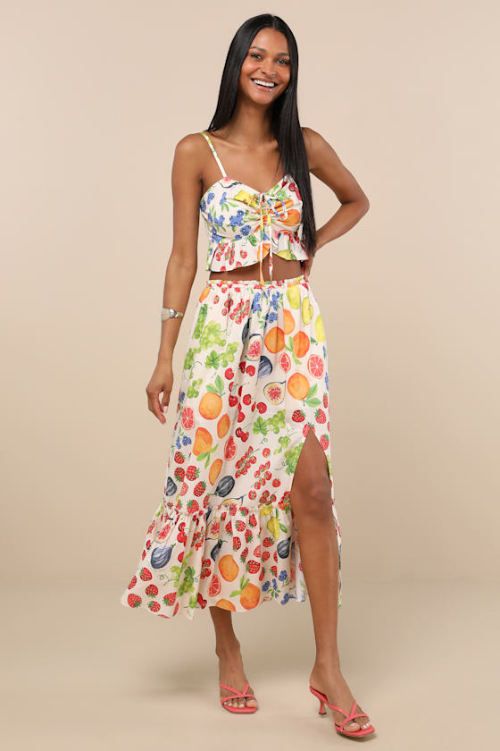 Mirabelle White Multi Fruit Print Tiered Midi Skirt 3