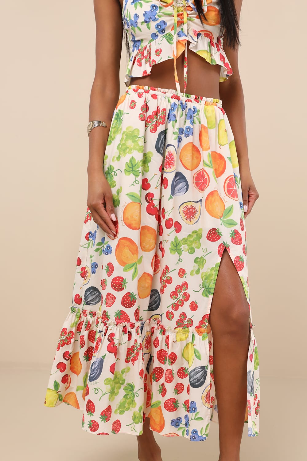 Mirabelle White Multi Fruit Print Tiered Midi Skirt