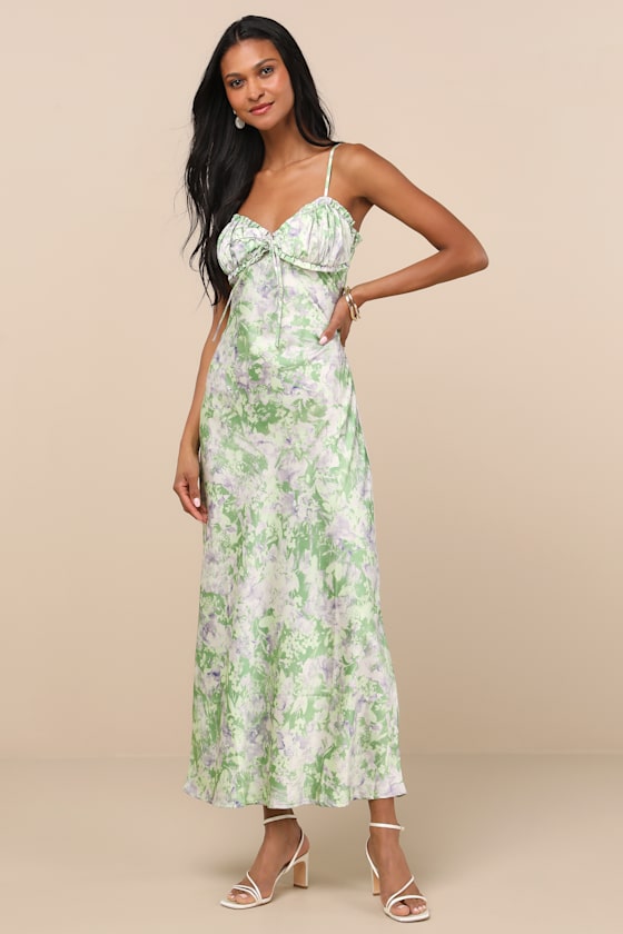 Valentina Green Multi Abstract Satin Ruffled Maxi Dress 3