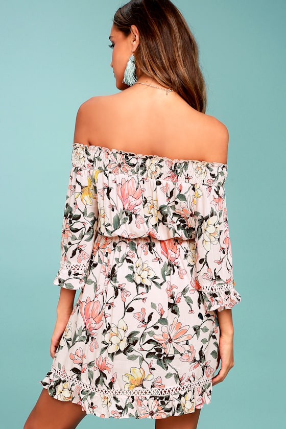 Hello, Darling Blush Pink Floral Print Off-the-Shoulder Dress 3