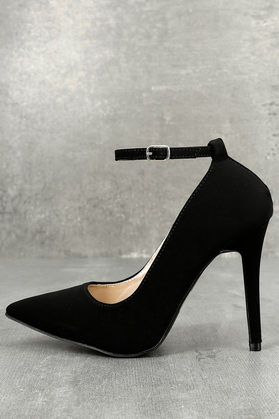 black leather pumps with ankle strap