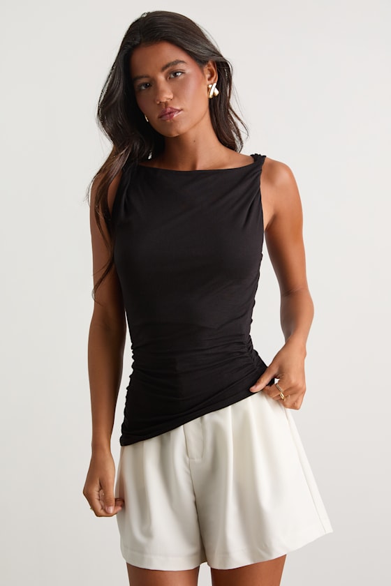 Black Jersey Knit Top - Asymmetrical Tank Top - Boat Neck Top - Lulus