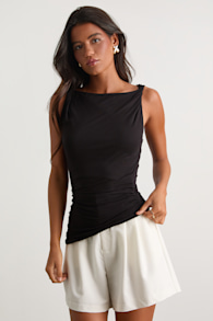 Linzia Black Jersey Knit Asymmetrical Top 1