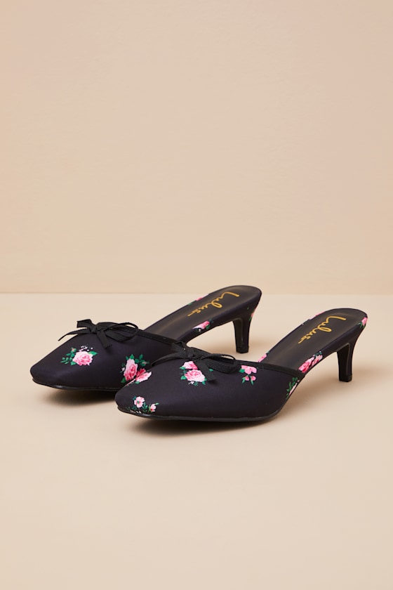Cherrey Black Floral Kitten Heel Mule Pumps 2