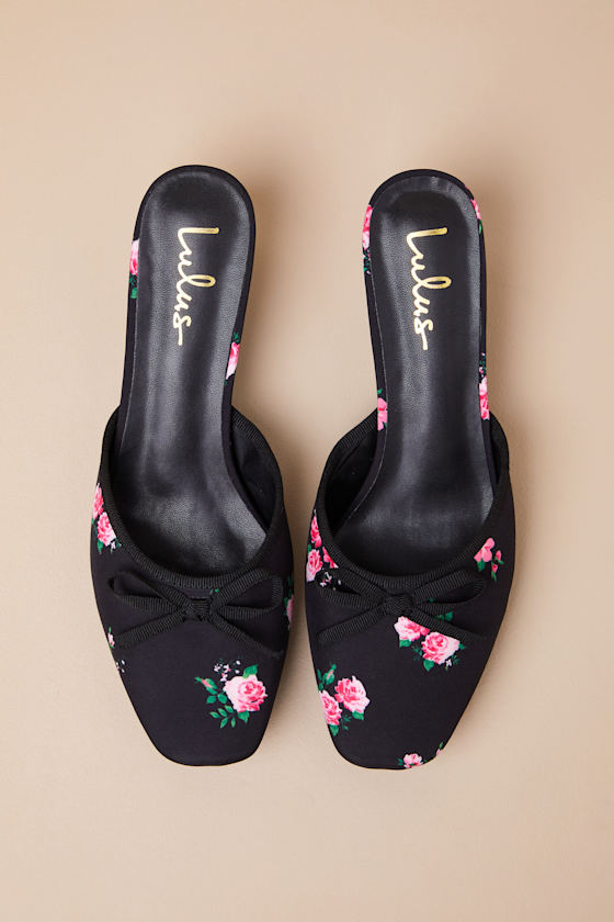 Cherrey Black Floral Kitten Heel Mule Pumps 6