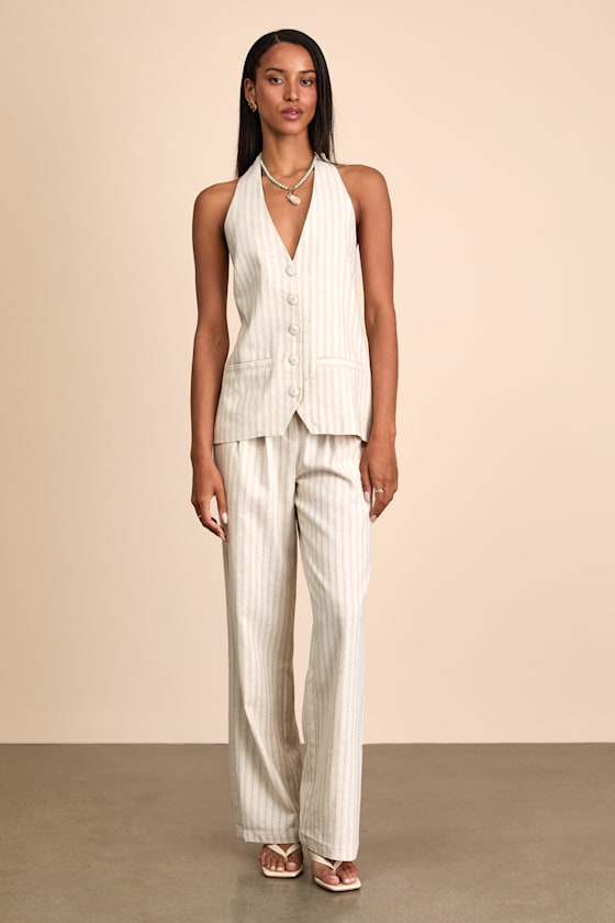 4th & Reckless Layne Top - Beige Stripe Top - Halter Vest