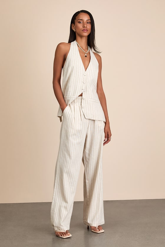 Layne Beige Stripe Straight Leg Trousers 1