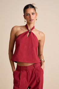 Vivian Rust Red Beaded Cotton Halter Top 1
