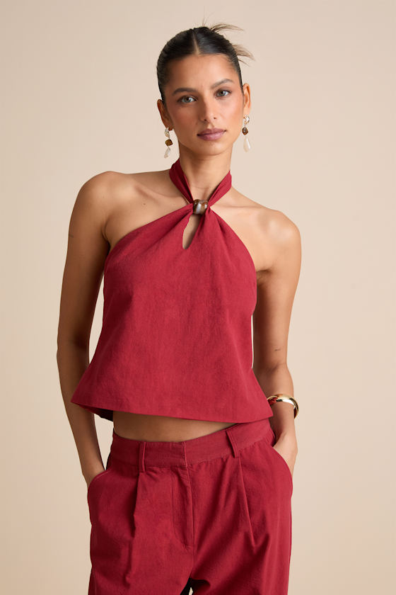 Vivian Rust Red Beaded Cotton Halter Top 1