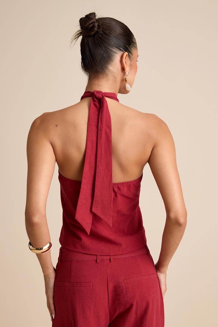 Vivian Rust Red Beaded Cotton Halter Top