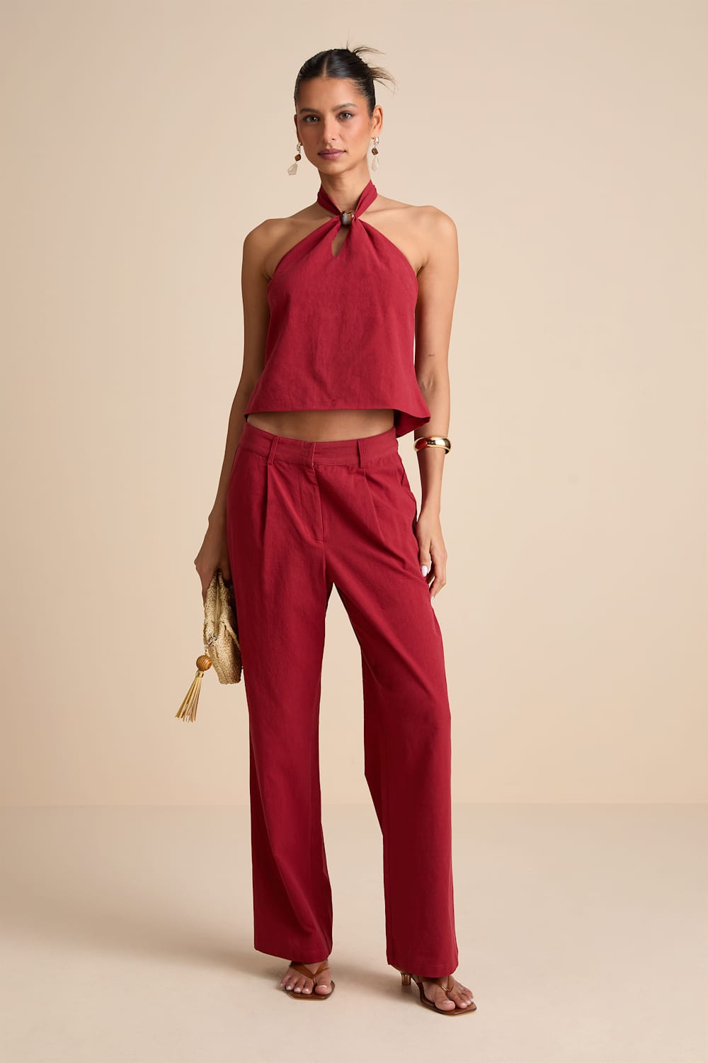 Vivian Rust Red Beaded Cotton Halter Top