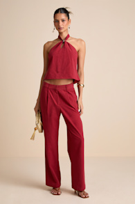 Vivian Rust Red Mid-Rise Straight Leg Trouser Pants 1