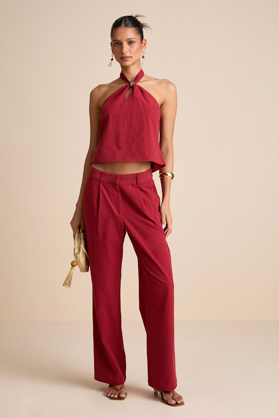 Vivian Rust Red Mid-Rise Straight Leg Trouser Pants 1