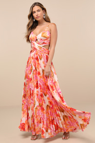Lylee Pink Multi Floral Satin Pleated Maxi Dress 1