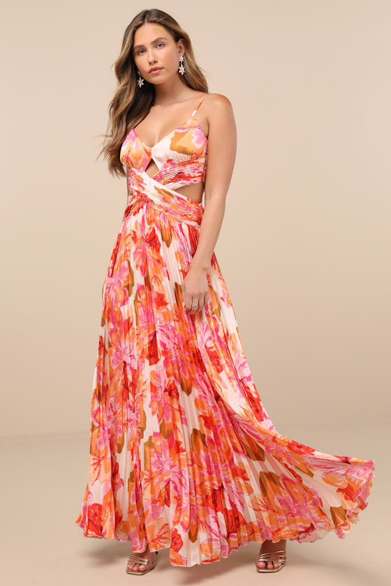 Lylee Pink Multi Floral Satin Pleated Maxi Dress 1