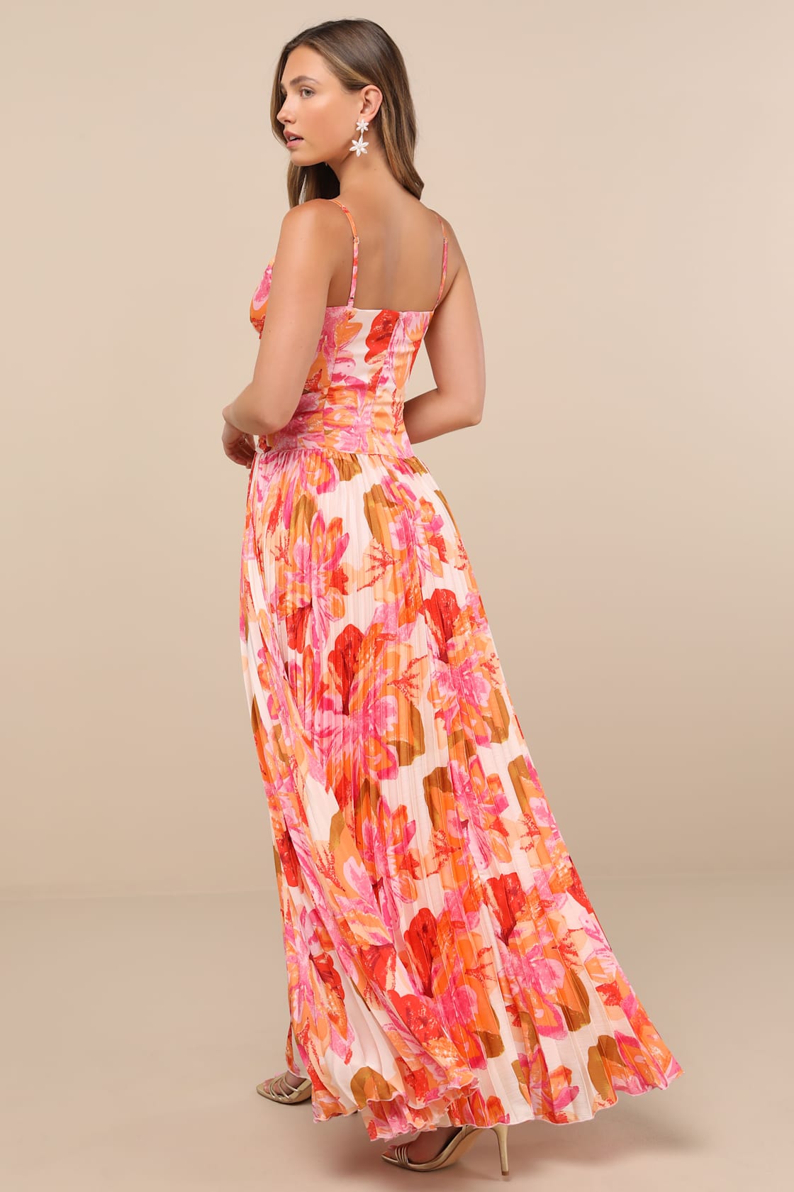 Lylee Pink Multi Floral Satin Pleated Maxi Dress