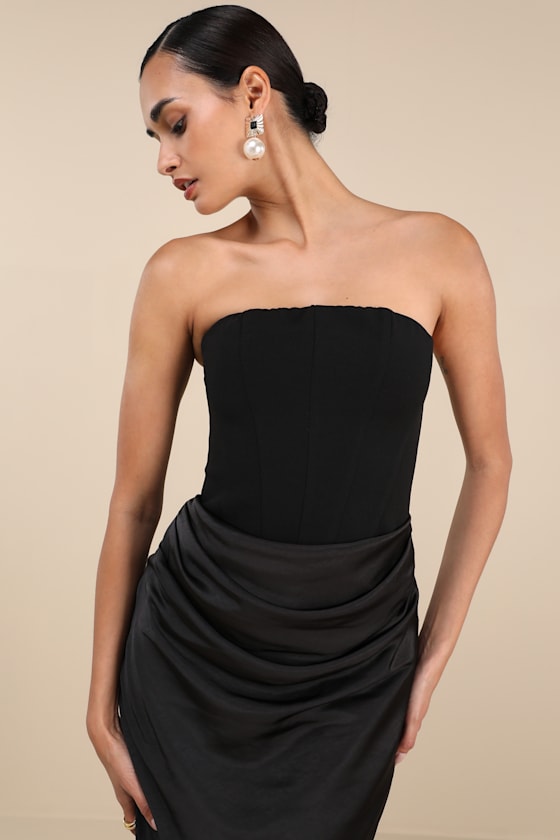 lulus black strapless dress | Corset Maxi | Womens | Small (Available in XXS, XS, M, L, XL) The flouncy tiered maxi skirt offers the perfect amount of drama and guarantees endless compliments Sexy Black Maxi Dress -