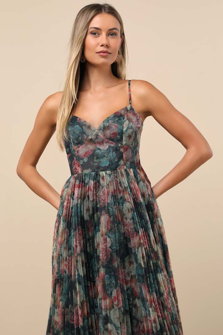 Alondra Dark Green Multi Floral Pleated Midi Dress