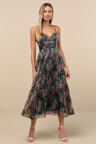 Alondra Dark Green Multi Floral Pleated Midi Dress 3