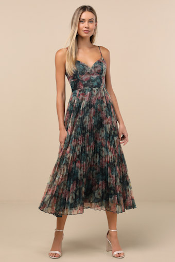 Alondra Dark Green Multi Floral Pleated Midi Dress 3