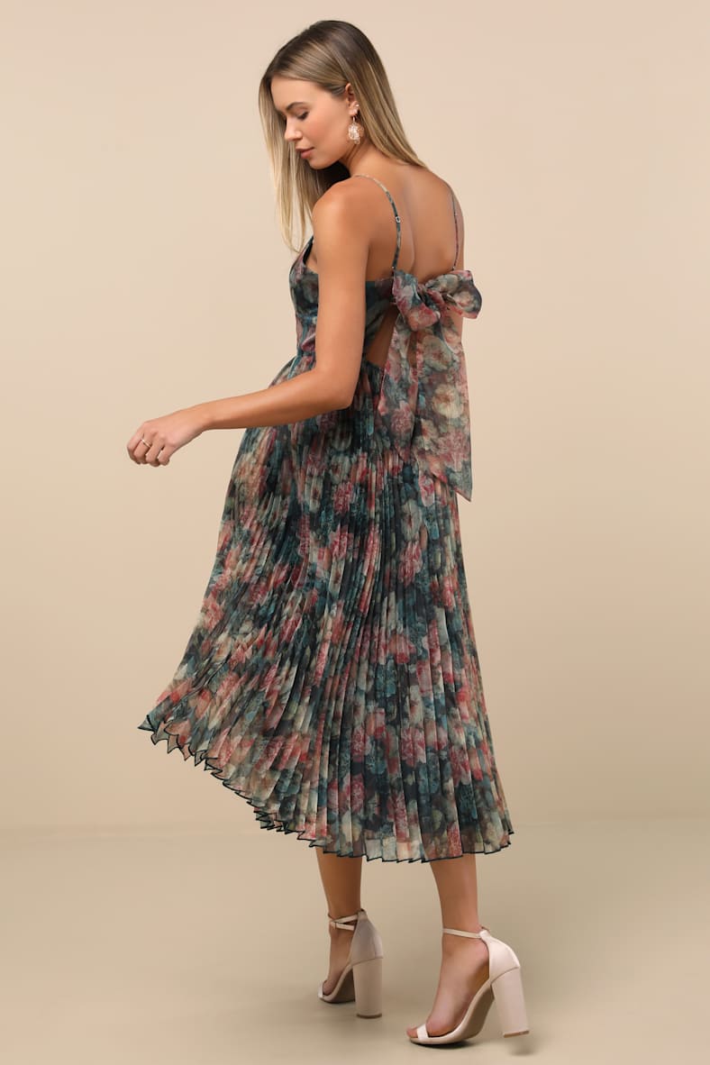 Alondra Dark Green Multi Floral Pleated Midi Dress