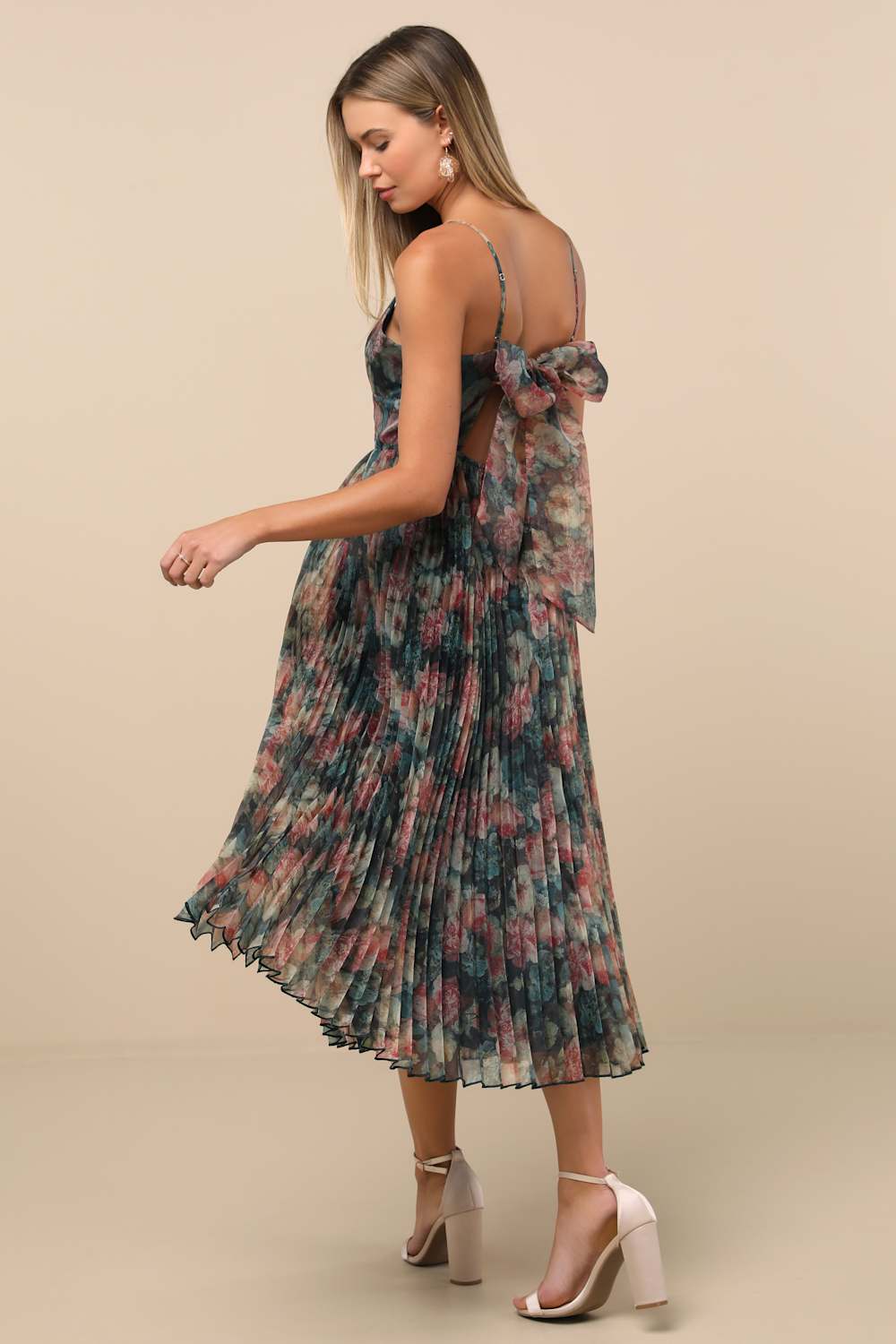 Alondra Dark Green Multi Floral Pleated Midi Dress