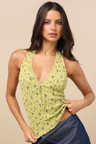 Aruna Light Green Floral Textured Knit Halter Top 2