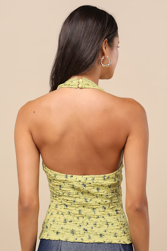 Aruna Light Green Floral Textured Knit Halter Top 4