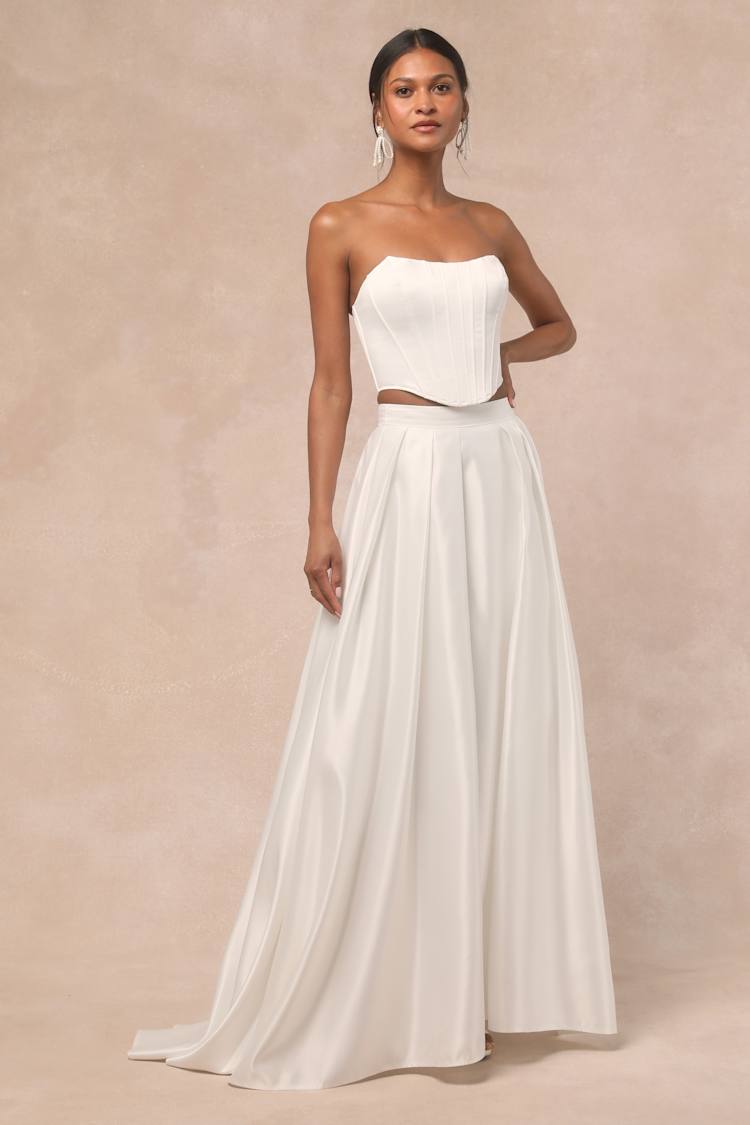 Angelica White Satin Strapless Three-Piece Maxi Dress