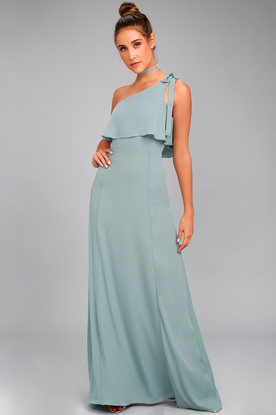 Lovely Dusty Sage Dress - One-Shoulder Dress - Maxi Dress - Lulus