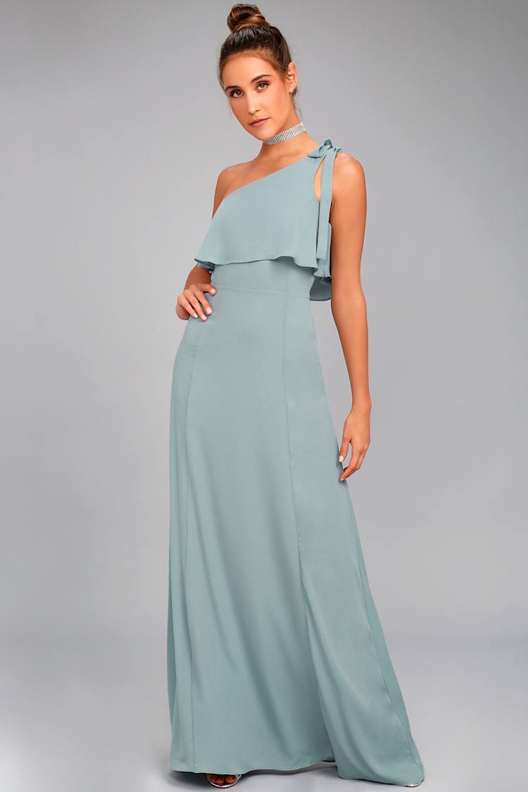 Lovely Dusty Sage Dress - One-Shoulder Dress - Maxi Dress - Lulus