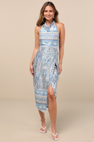 Radina Blue Paisley Print Satin Halter Midi Wrap Dress 1