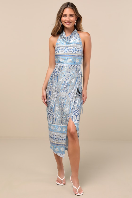Radina Blue Paisley Print Satin Halter Midi Wrap Dress 1